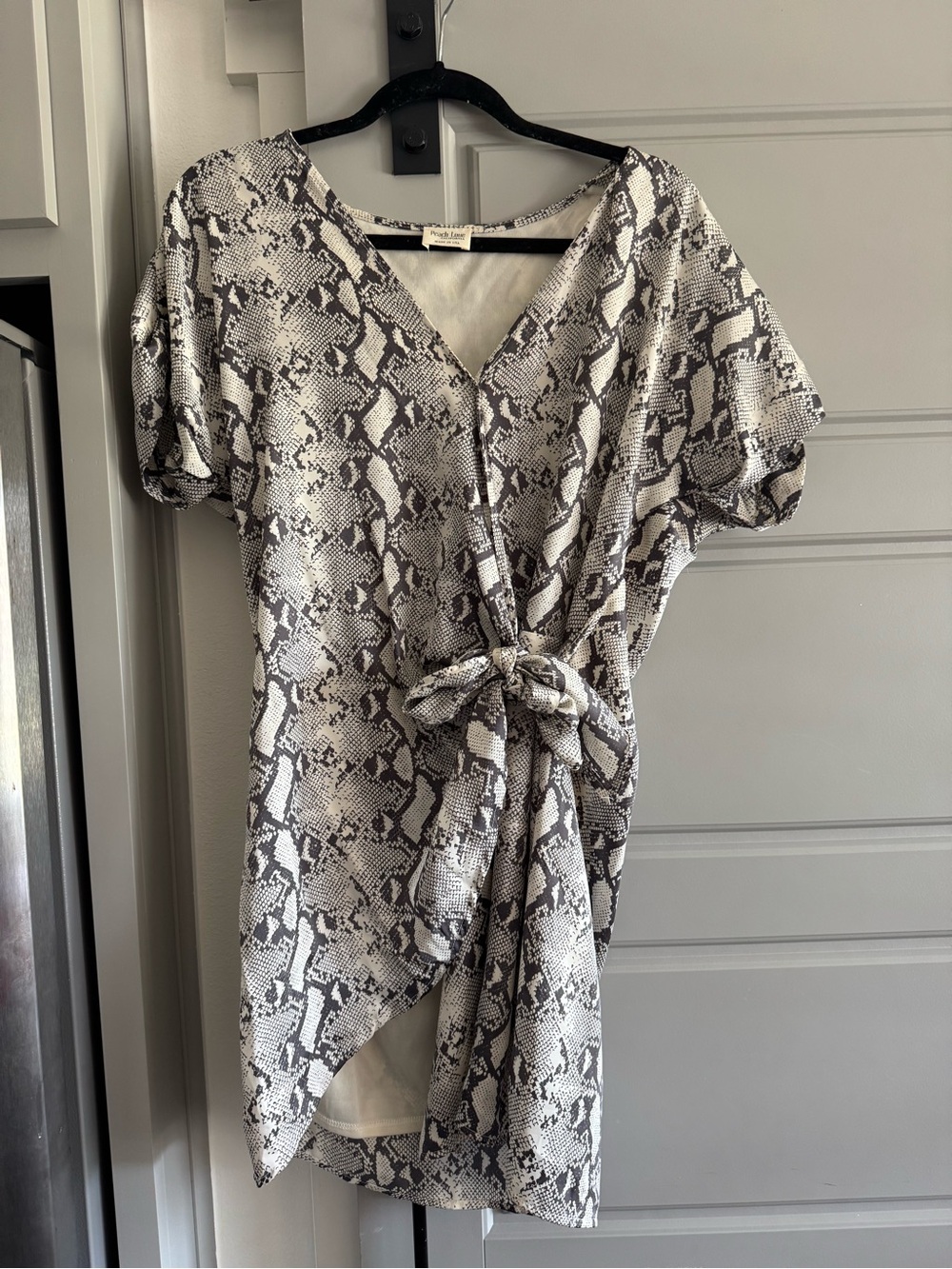 Peach Love California Snake Print Tie-Front Mini Wrap Dress - Gray/White